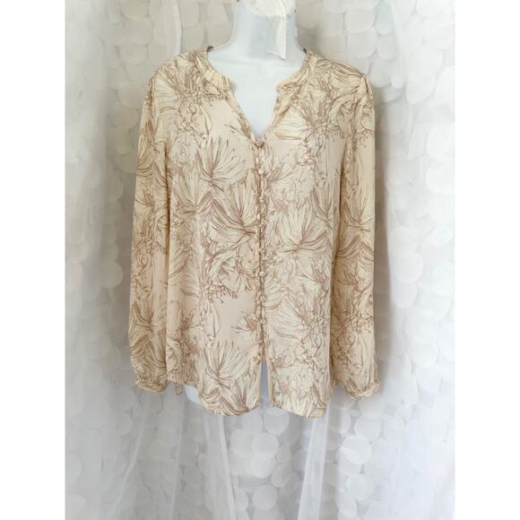 Cynthia Rowley M Beige Toile Palm leaf print chiffon blouse long sleeve V neck - Picture 2 of 9